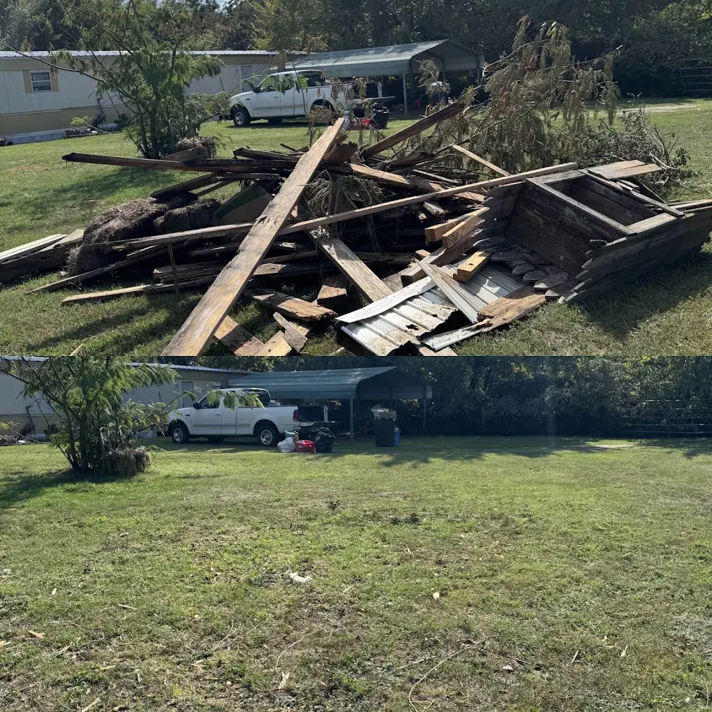 Wood and shed debris pile before removal, cleared yard after